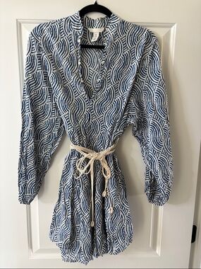 H&M Santorini Blue and White Long Sleeve Dress with Sea Shell Belt